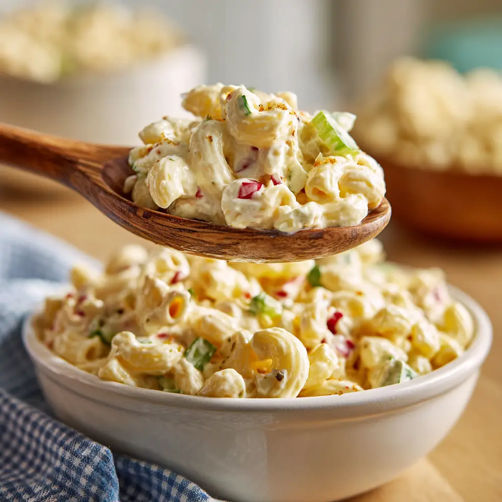 A close-up shot of a spoonful of creamy macaroni salad, highlighting the chopped celery, red bell pepper, and egg.