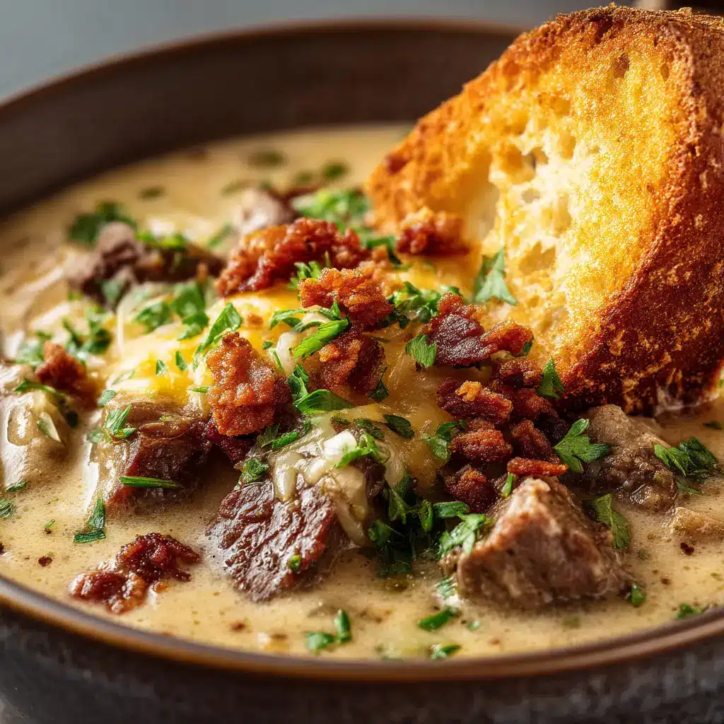 A hearty bowl of homemade Philly cheesesteak soup topped with golden-brown croutons and bubbly provolone cheese.