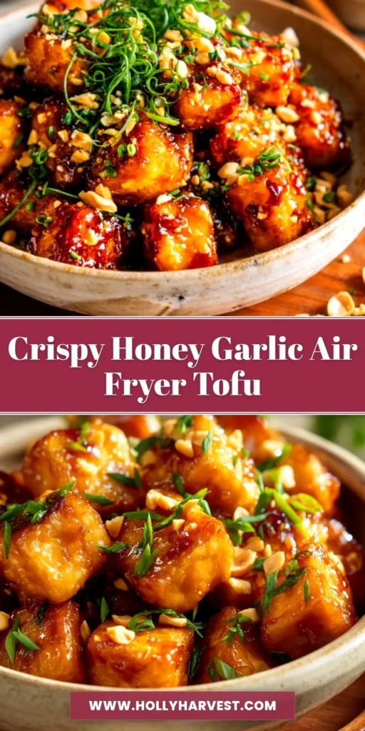 A sharable pin image showing crispy Honey Garlic Air Fryer Tofu in a white bowl, garnished with sesame seeds and green onions, with text overlay.