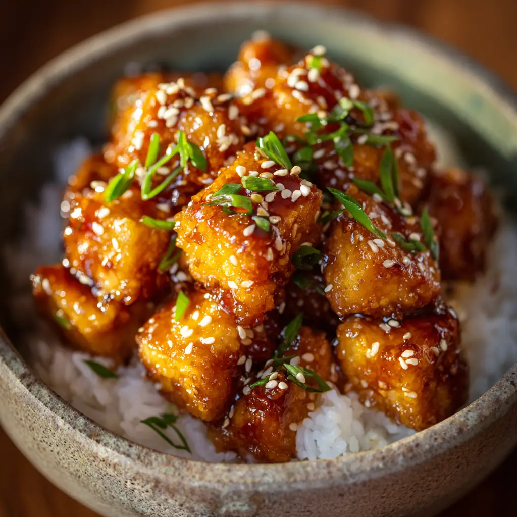 Tofu cubes being tossed in a skillet with a sticky honey garlic sauce, ready for serving over rice.