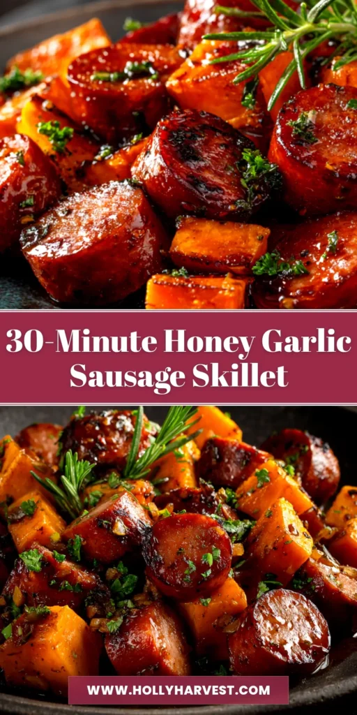 Honey Garlic Sausage and Sweet Potato (Easy One-Pan Recipe!) 4 A top-down view of a sheet pan with Honey Garlic Sausage and Sweet Potato, garnished with fresh herbs. The sausage is browned, and the sweet potatoes are caramelized.