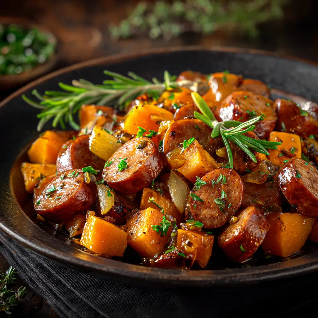 Honey Garlic Sausage and Sweet Potato (Easy One-Pan Recipe!) 1 A serving of the honey garlic sausage and sweet potato in a white bowl, ready to be eaten.