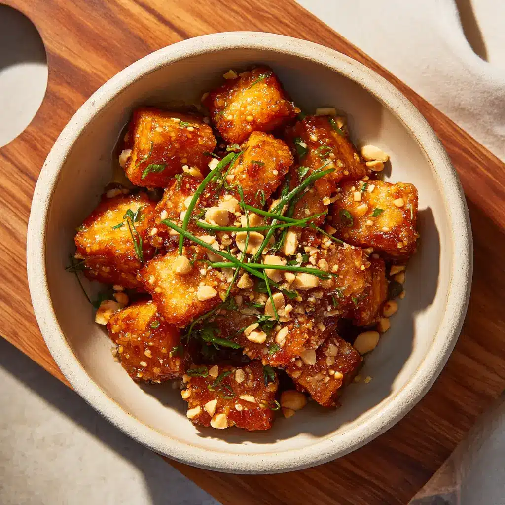 A lifestyle shot of Honey Garlic Air Fryer Tofu being served over a bed of white rice with steamed broccoli.