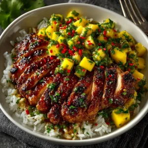 A beautiful plate of honey-soy glazed chicken served with fresh mango salsa and rice. Showcases a perfect serving suggestion for the sticky chicken recipe.