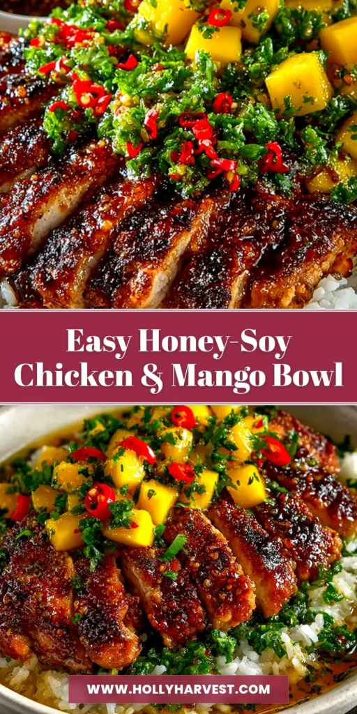 A close-up shot of sticky honey-soy glazed chicken in a skillet, garnished with sesame seeds and green onions. The perfect easy weeknight dinner recipe.