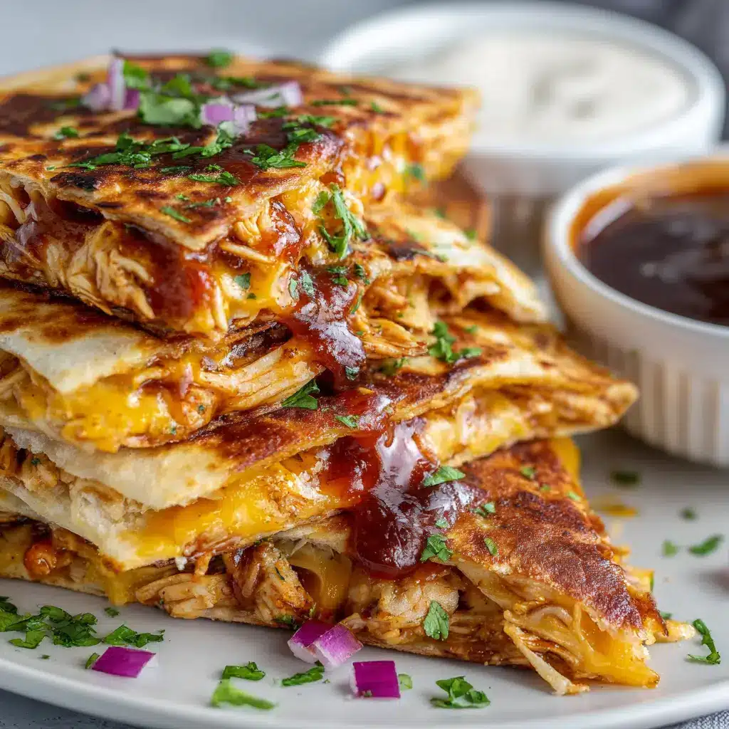 The inside of a Hot Honey BBQ Chicken Quesadilla, showing the shredded chicken coated in sauce and mixed with red onion and cilantro.