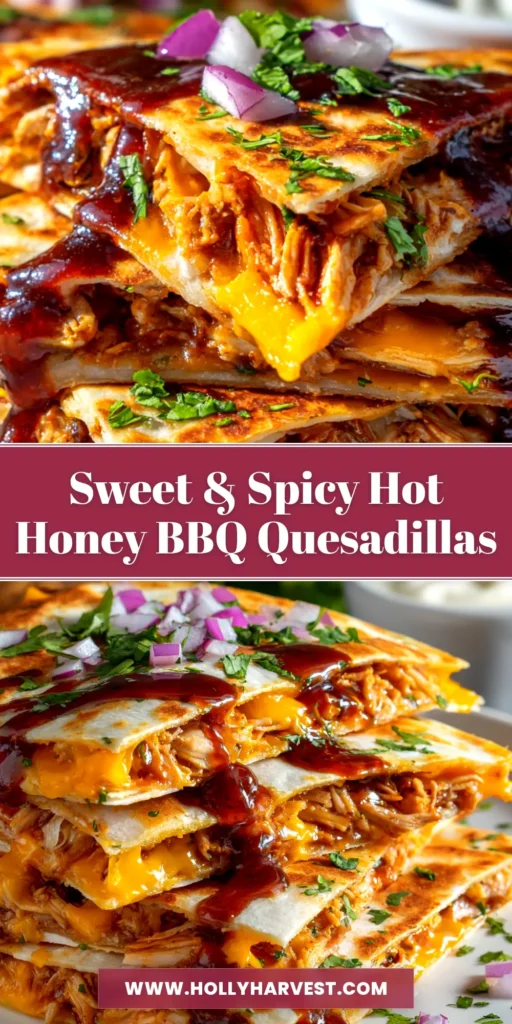 A platter of delicious Hot Honey BBQ Chicken Quesadillas cut into wedges, showing the cheesy chicken filling. A small bowl of dipping sauce is nearby.