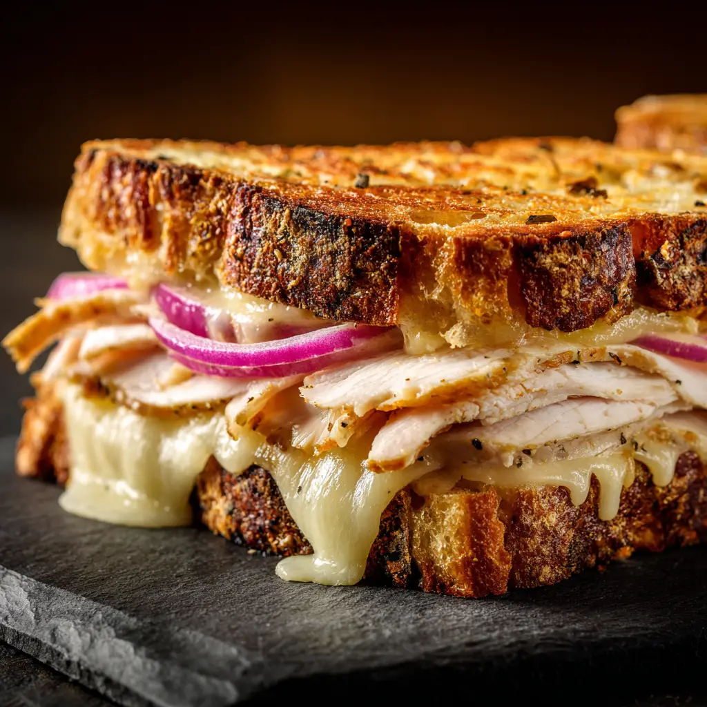 An extreme close-up of a hot turkey sandwich with melted cheese, emphasizing the texture of the grilled bread and savory filling.