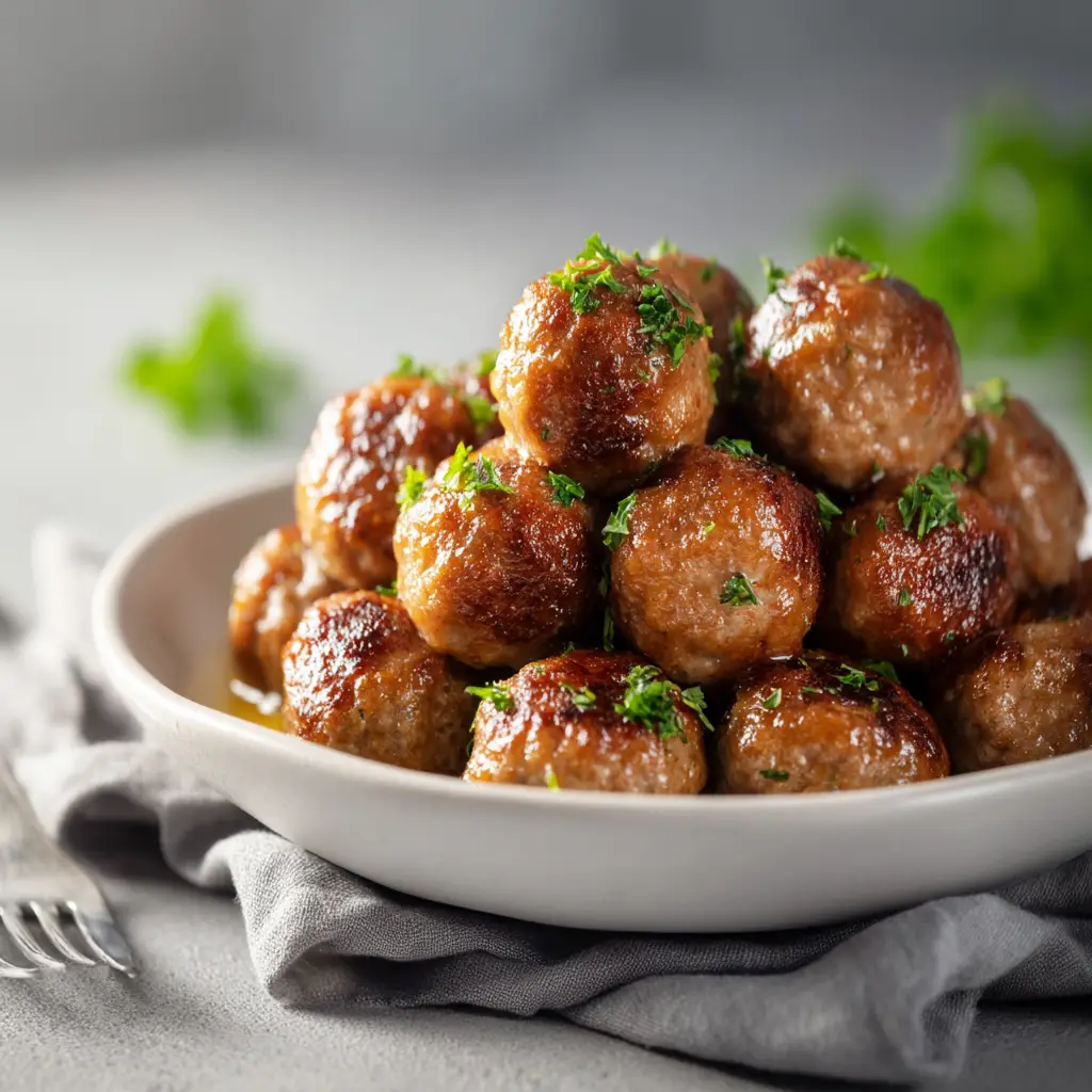 The process of making the oven baked meatballs recipe, showing the uncooked meatballs rolled and arranged on a parchment-lined baking sheet before going into the oven.
