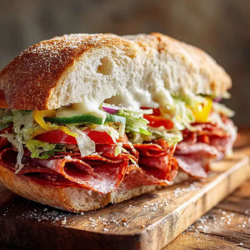 A beautiful overhead view of a fully assembled Italian Grinder Sandwich next to a bowl of the signature grinder salad.