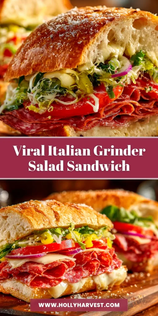 A delicious Italian Grinder Sandwich cut in half, showcasing layers of deli meats, provolone cheese, and a creamy grinder salad on a crusty hoagie roll.