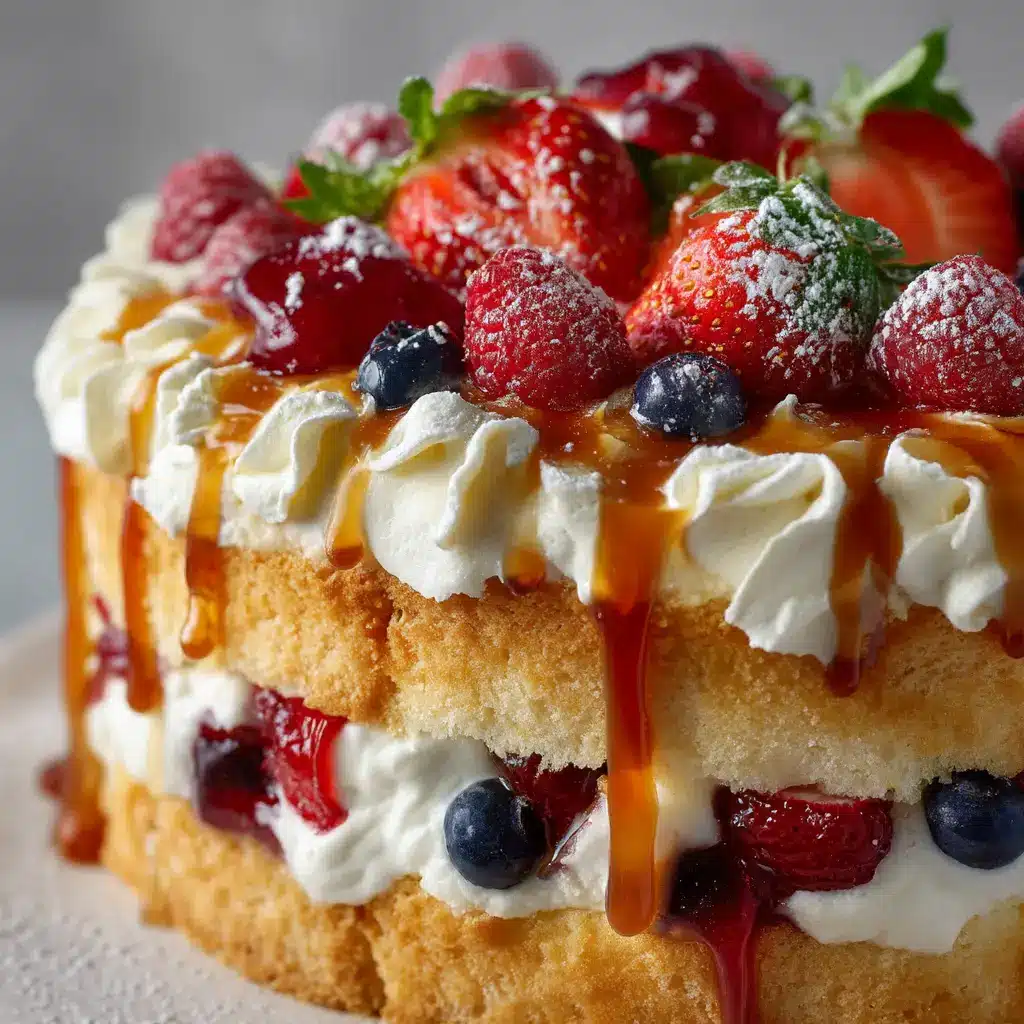 A close-up shot showing the luscious layers of a summer berry trifle, with pound cake, white cream, and vibrant mixed berries clearly visible.