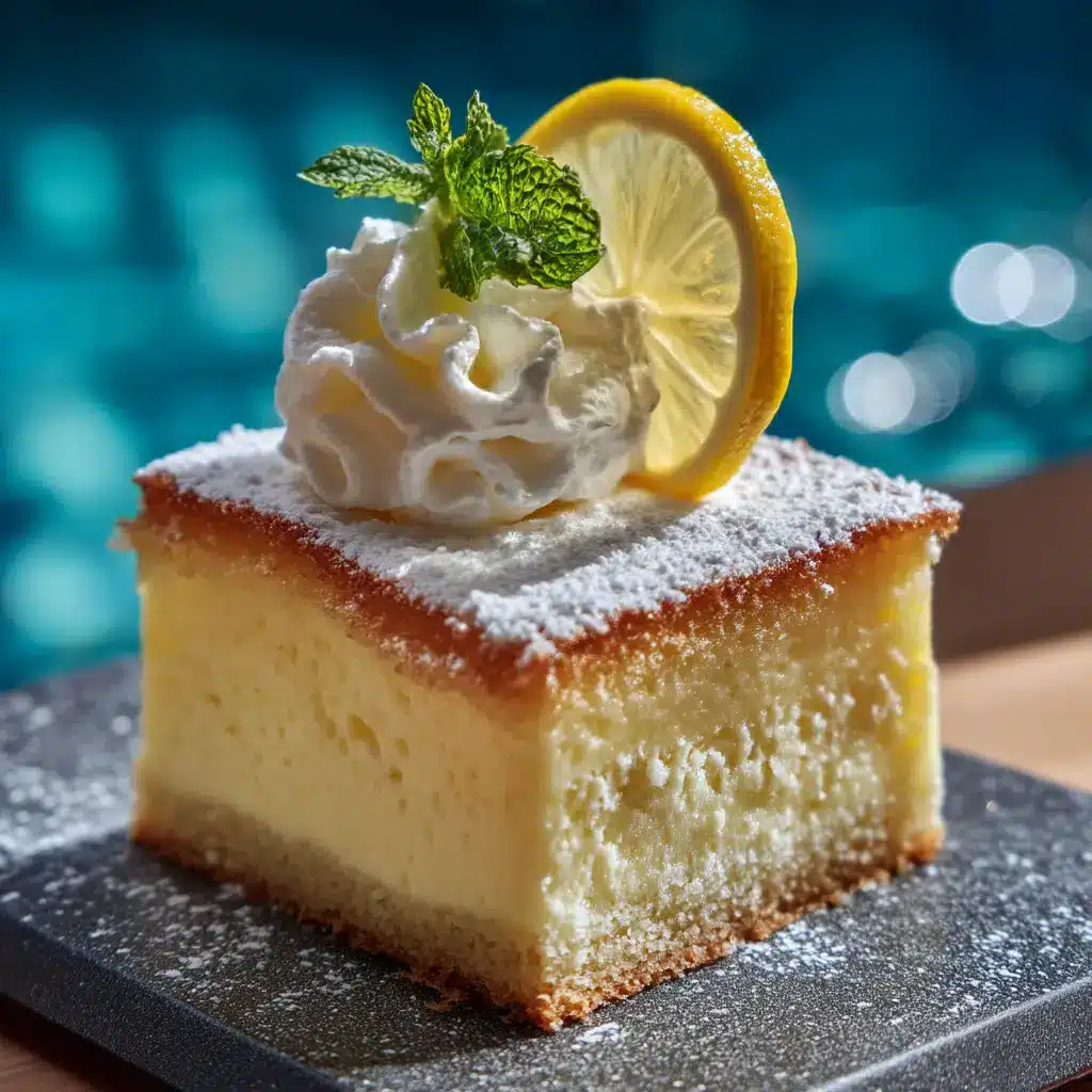 An extreme close-up of a square slice of lemon magic cake, highlighting the creamy custard base and the light sponge topping.