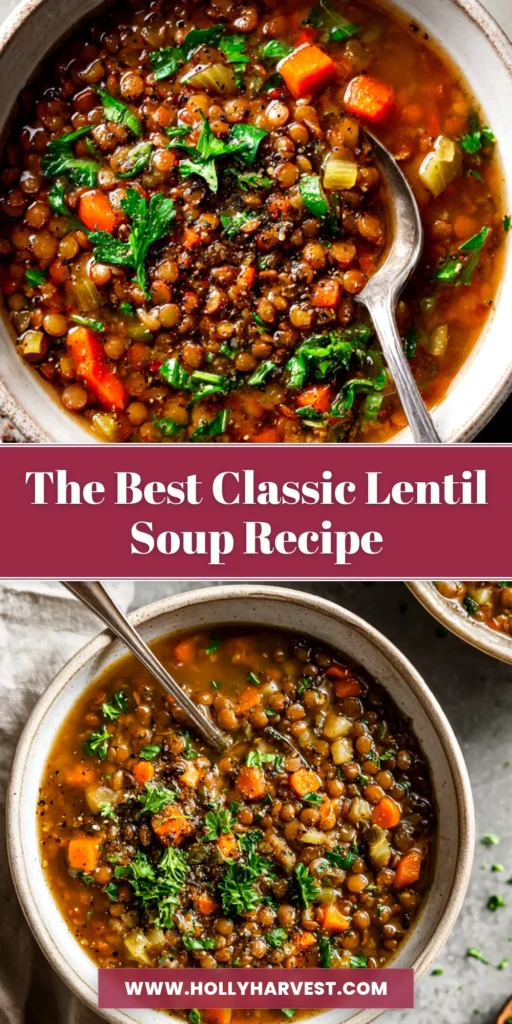 A hearty bowl of the best lentil soup recipe, garnished with fresh parsley and served with a spoon. The soup is thick with vegetables and lentils.