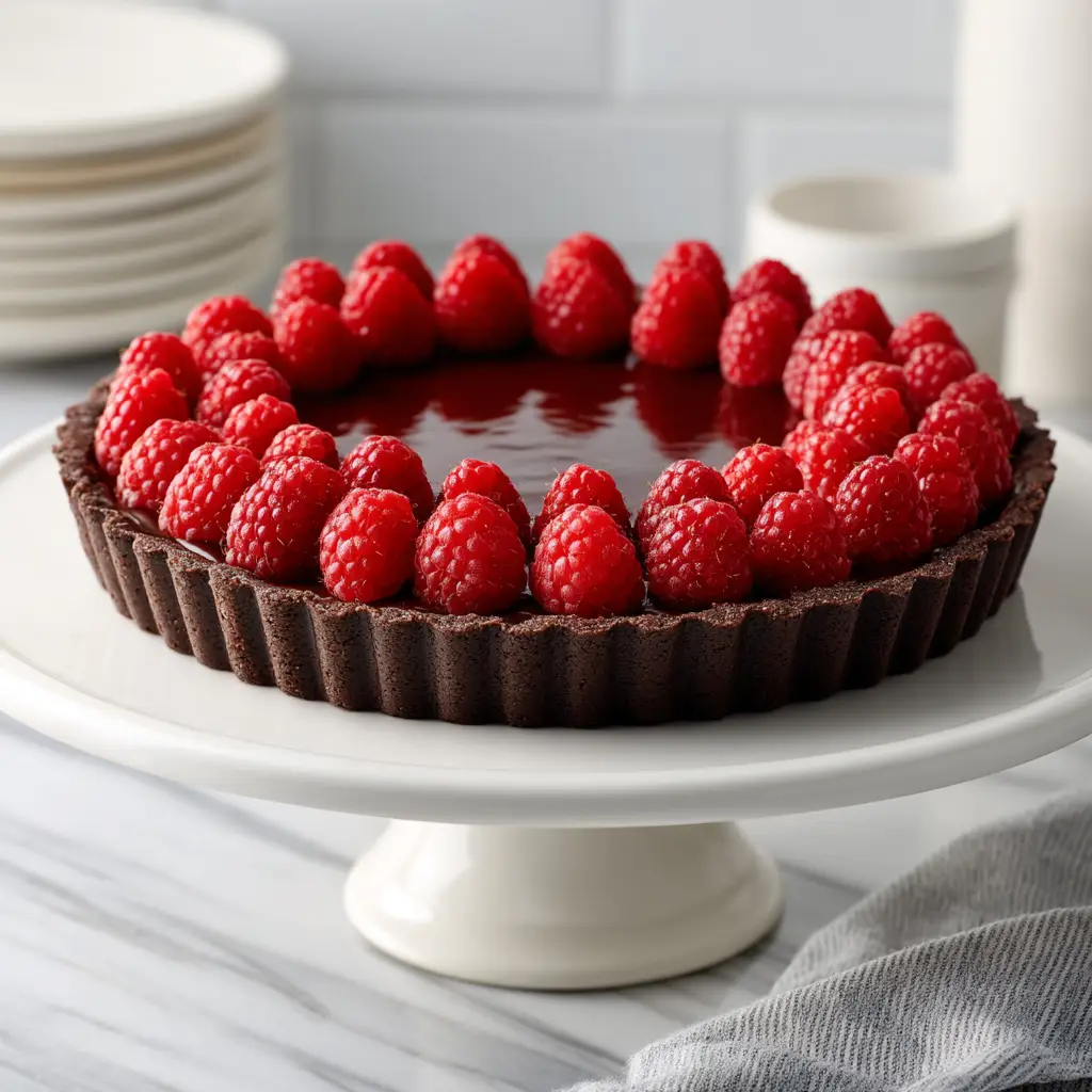 Chocolate Raspberry Tart: A Decadent & Easy Recipe 1 The process of arranging fresh raspberries on top of the smooth chocolate tart filling before it's fully set.