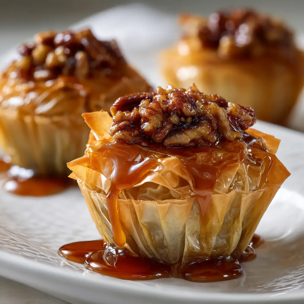 Pecan Caramel Baklava Cups (The Perfect Bite-Sized Treat) 1 A side view of phyllo cups in a muffin tin being filled with the pecan and cinnamon mixture before baking.