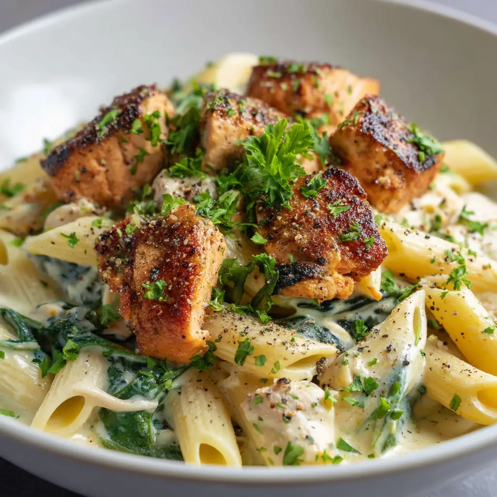 A process shot showing flaked salmon being added to the skillet with the spinach and cream sauce for the salmon pasta recipe.