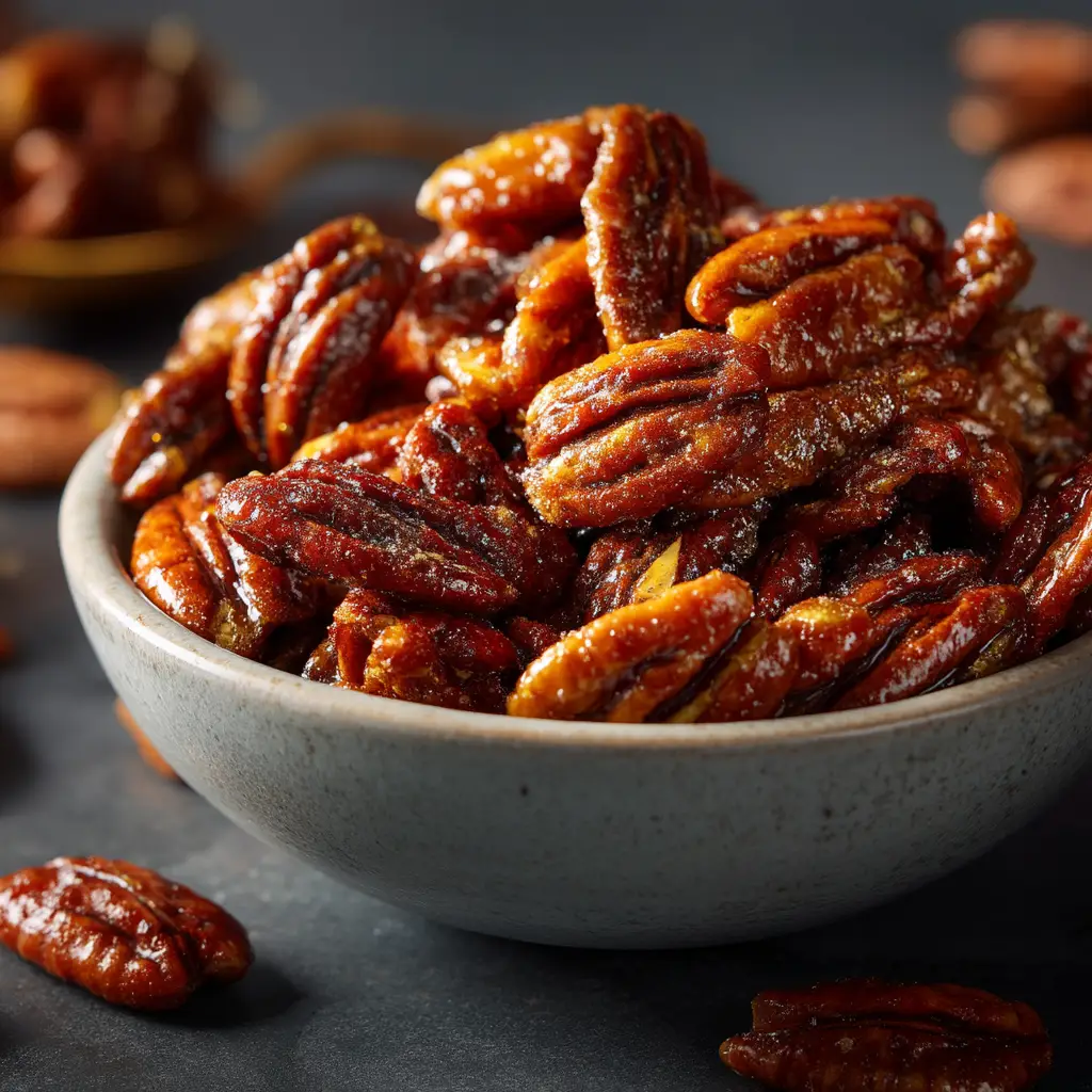 Praline Crunch: The Ultimate Recipe for a Perfect Topping 1 A close-up shot of the praline crunch being broken into pieces, showing the crisp texture and the embedded pecan halves.