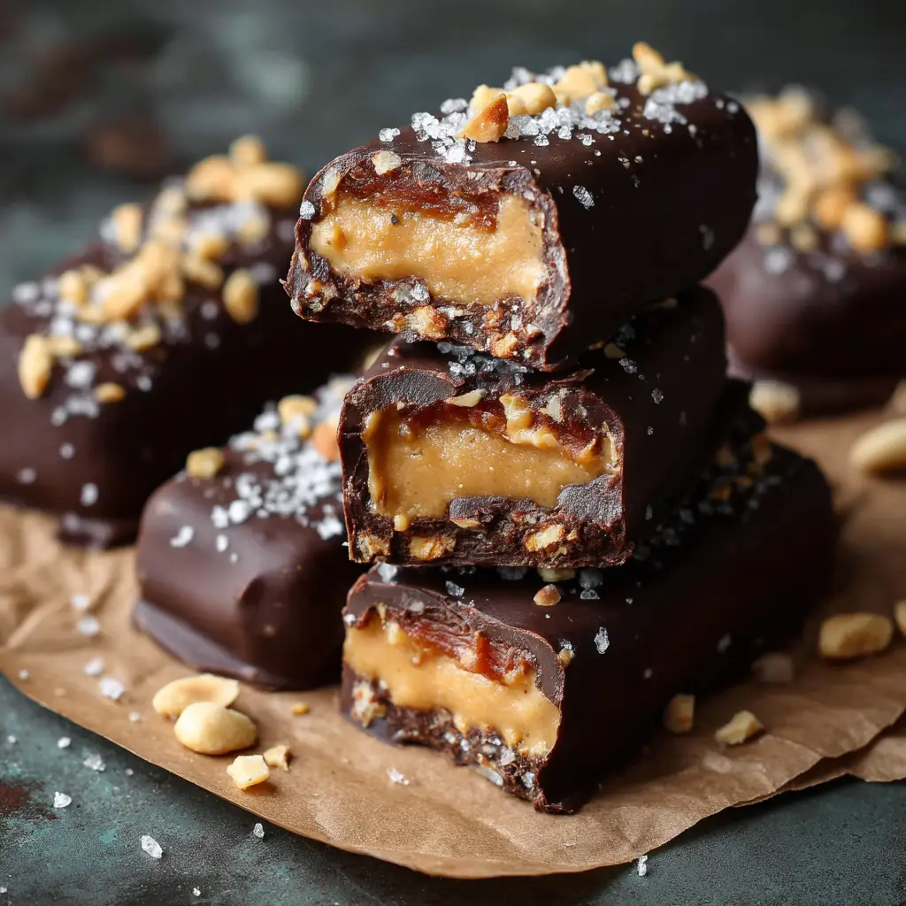 Date Snickers Recipe (The Viral Healthy Treat) 1 The process of coating a stuffed Medjool date in a bowl of melted dark chocolate before setting.