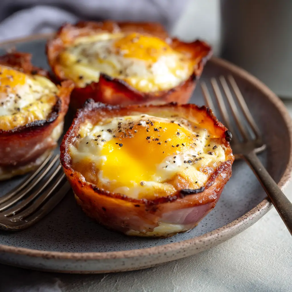 A full muffin tin of ham and egg cups baking in the oven. This action shot shows the raw eggs and cheese in the ham-lined cups before baking.