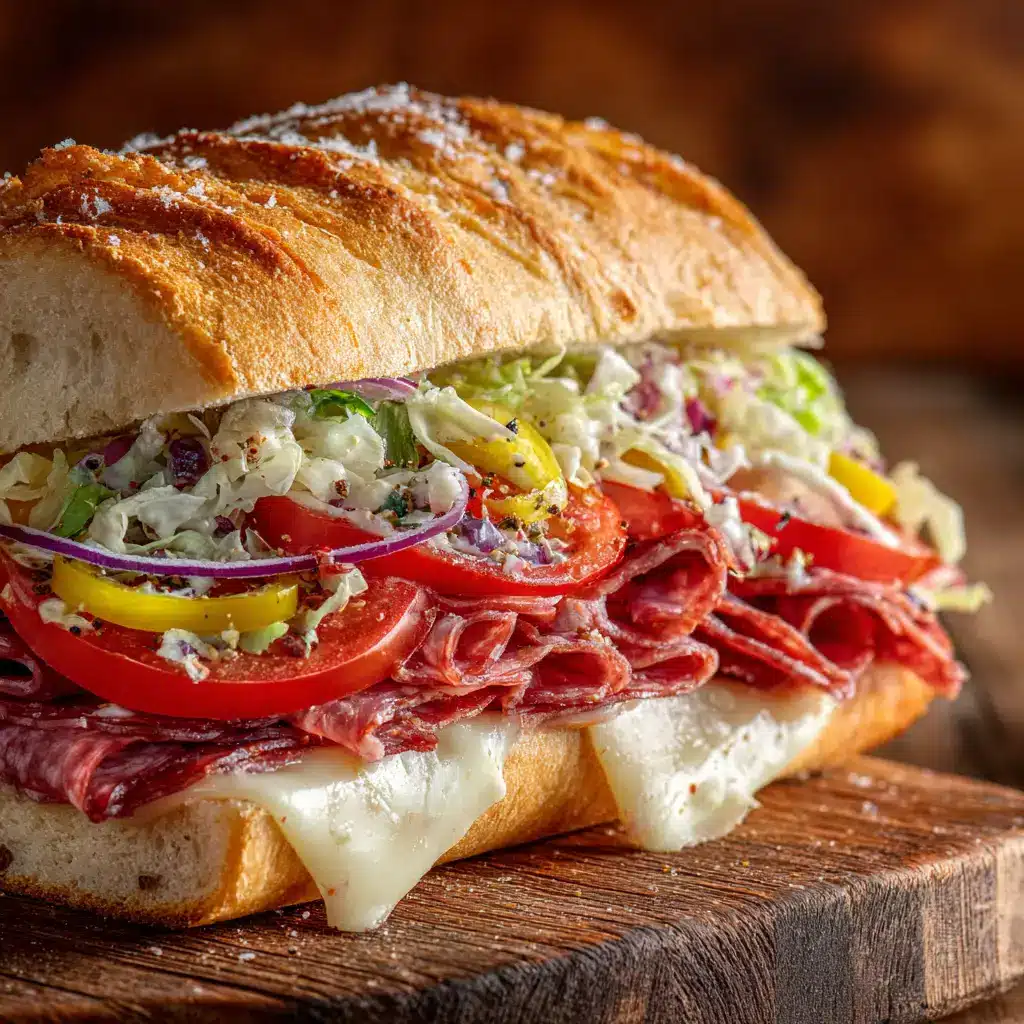 A close-up shot of the creamy grinder salad being spooned onto a toasted hoagie roll layered with Italian meats and melted cheese.