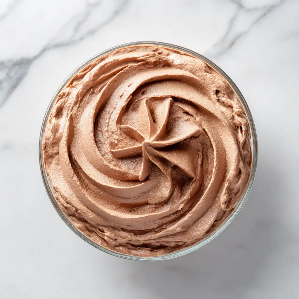 A spatula folding whipped cream into melted chocolate to create a light and airy chocolate mousse filling.