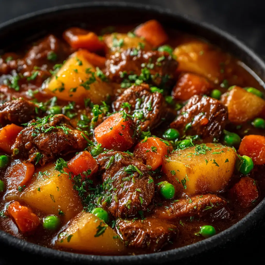 A spoonful of crock pot Mediterranean beef stew, highlighting the colorful ingredients like carrots, olives, and herbs in a rich, thick sauce.