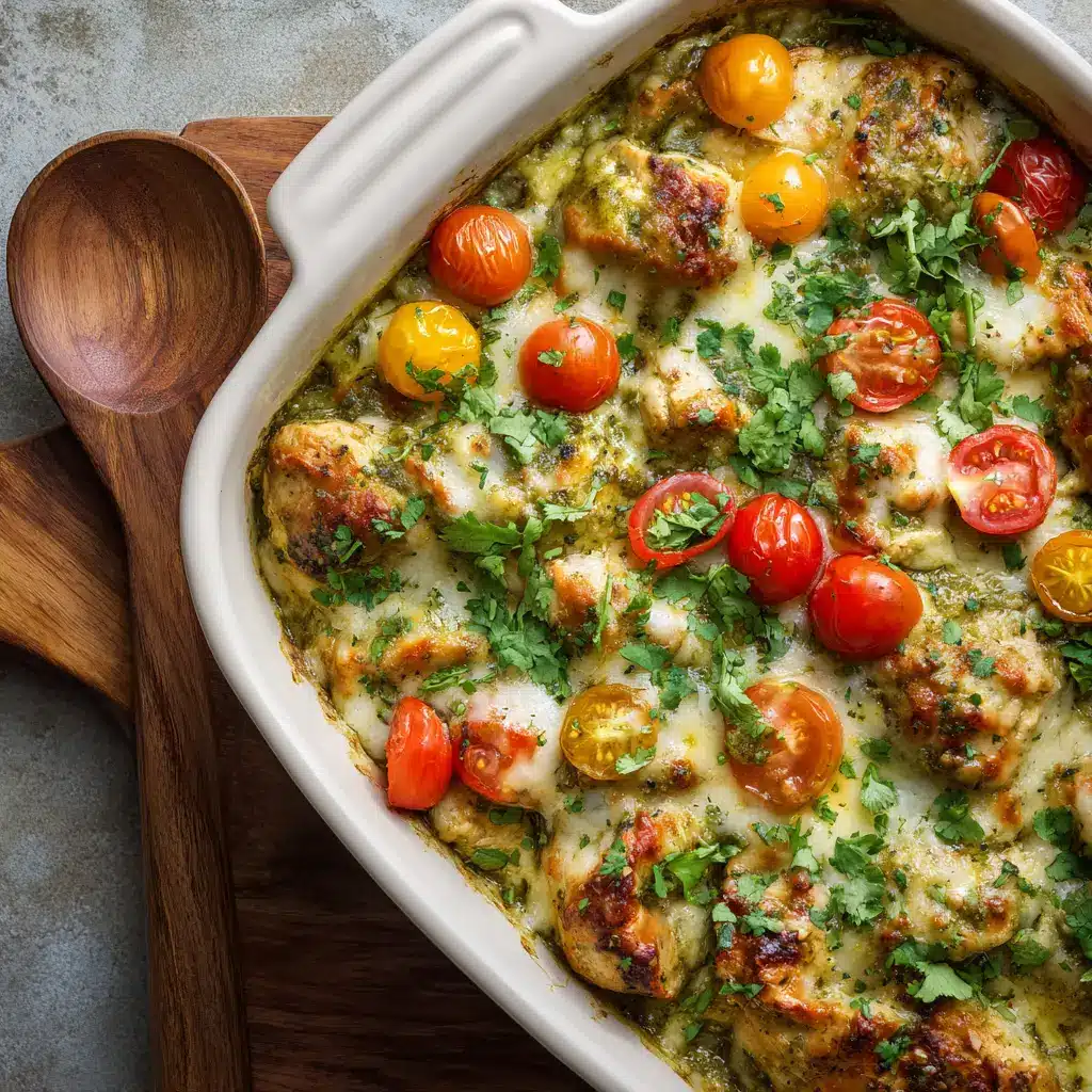 A serving of salsa verde chicken casserole on a plate, garnished with a dollop of sour cream and fresh cilantro, ready to eat.