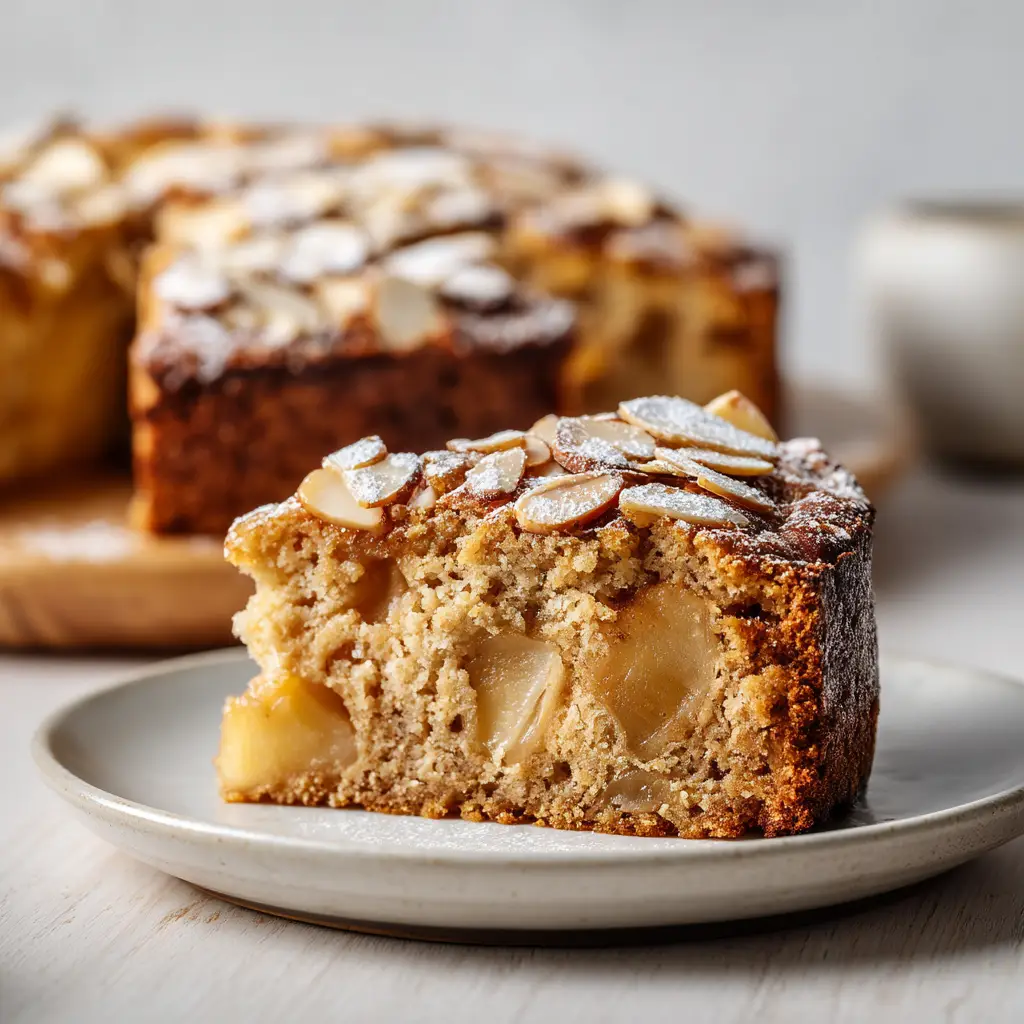 A perfectly moist slice of apple oat cake on a white plate, showcasing its tender texture and pieces of fresh apple.
