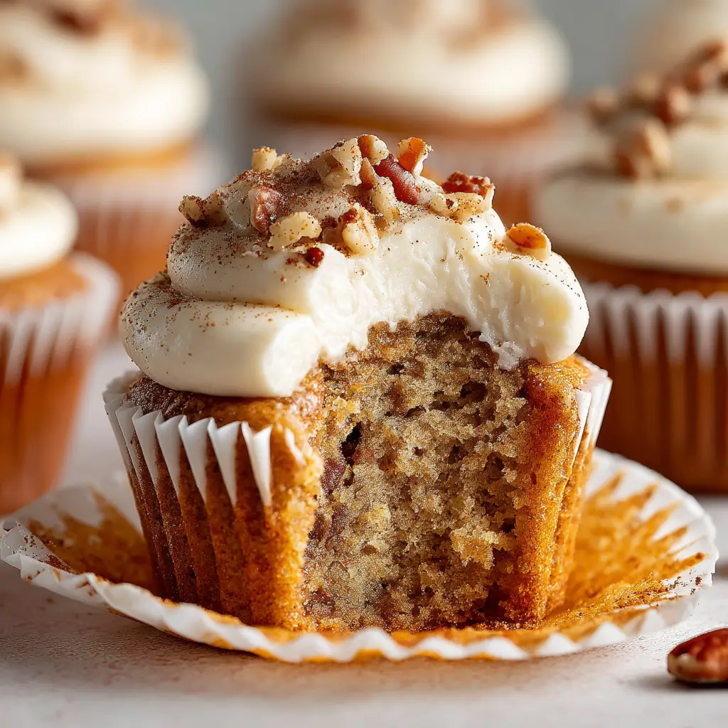 A close-up of a single moist banana pecan cupcake with a perfect swirl of cream cheese frosting, showcasing its tender crumb.