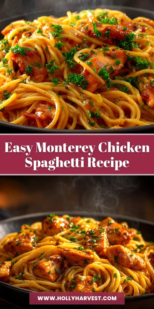 Monterey Chicken Spaghetti: The Ultimate Cheesy BBQ Pasta Bake 4 A close-up overhead shot of a baking dish filled with Monterey Chicken Spaghetti, showing the melted cheesy topping, bacon, and fresh tomatoes.
