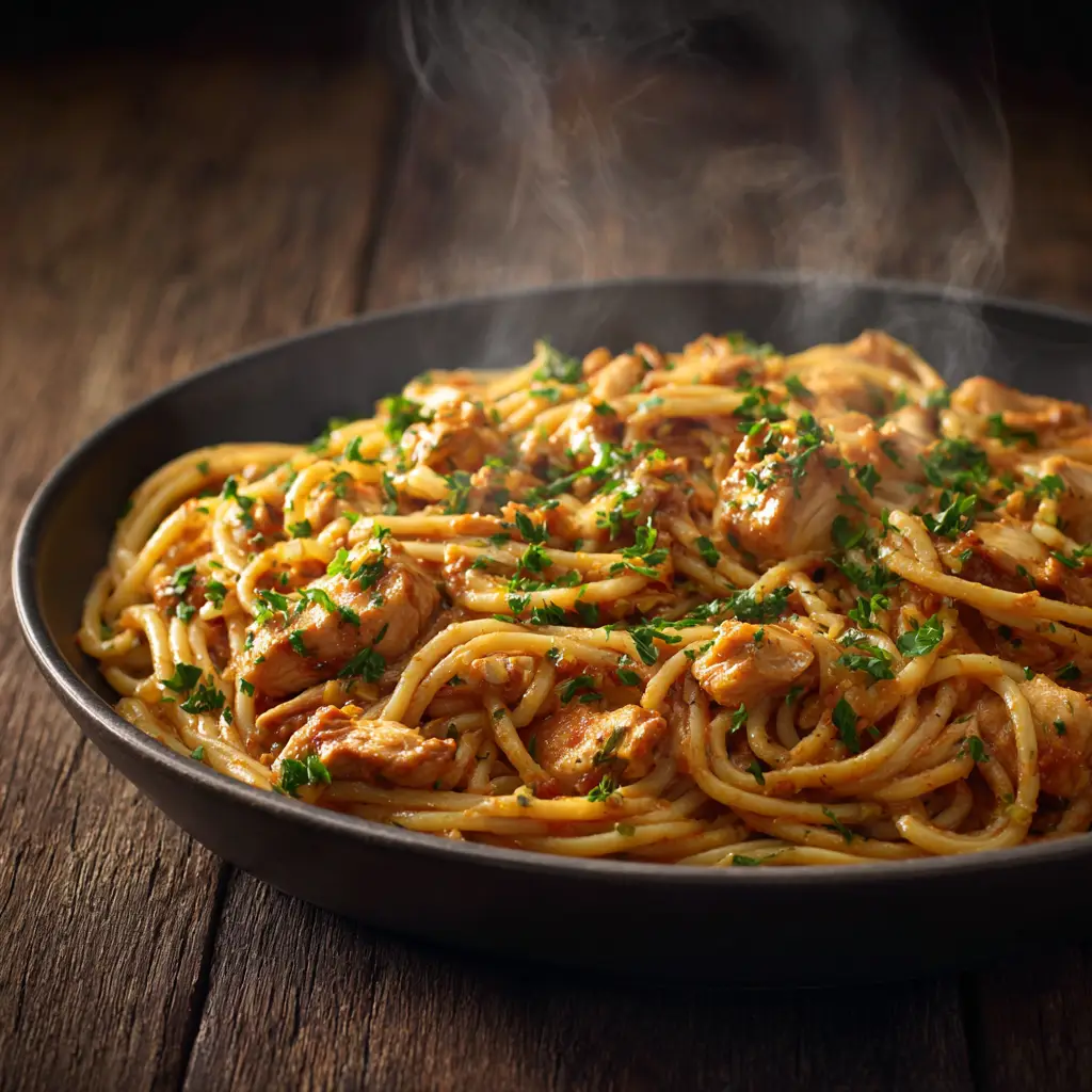 Monterey Chicken Spaghetti: The Ultimate Cheesy BBQ Pasta Bake 1 A plate of the finished Monterey Chicken Spaghetti topped with fresh green onions and diced tomatoes, ready to eat.