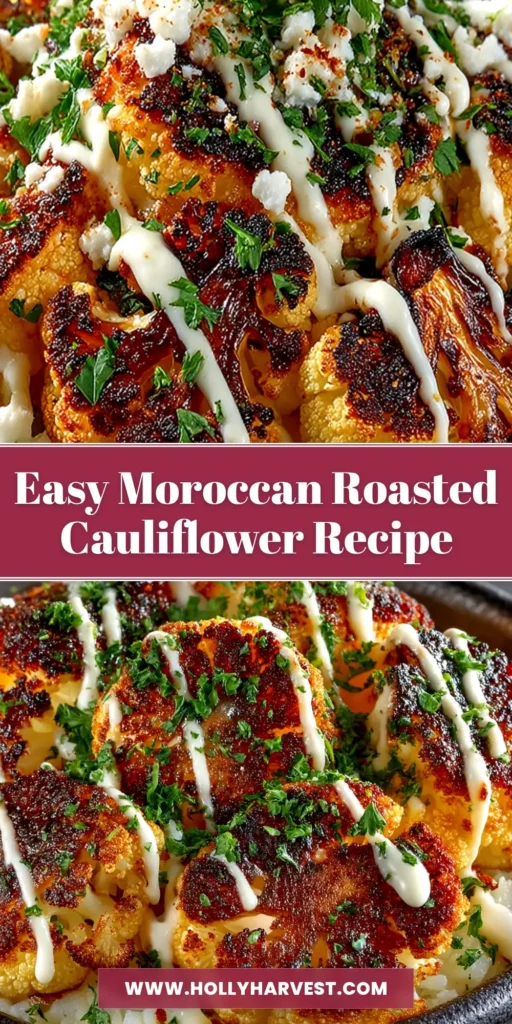 Moroccan Cauliflower: The Ultimate Roasted Vegetable Recipe 4 A shareable pin image showing a delicious bowl of Moroccan Cauliflower, roasted to perfection with aromatic spices. The image has text overlay reading 'Easy Moroccan Cauliflower Recipe'.