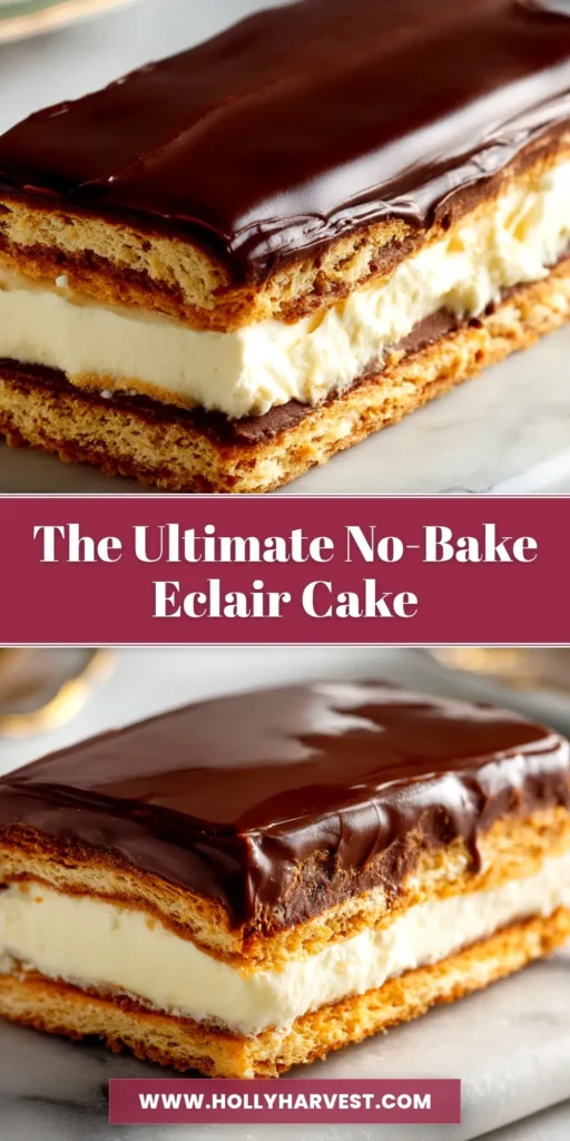 Chocolate Eclair Cake: The Ultimate No-Bake Dessert 3 A delicious slice of no-bake Chocolate Eclair Cake on a white plate, showing layers of graham crackers and cream with a rich chocolate frosting on top.