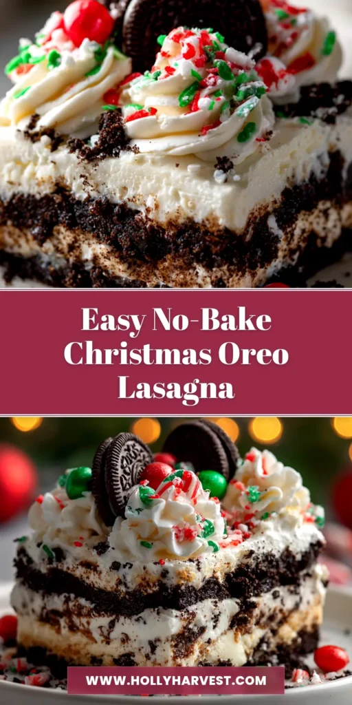 A festive slice of No-Bake Christmas Oreo Lasagna with distinct layers of Oreo crust, cream cheese, chocolate pudding, and whipped topping, garnished with crushed peppermints.