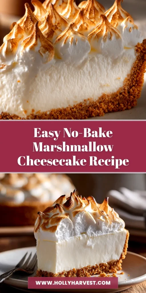 A stunning overhead shot of a whole No-Bake Marshmallow Cheesecake on a cake stand, ready to be sliced and served. The perfect easy dessert recipe.