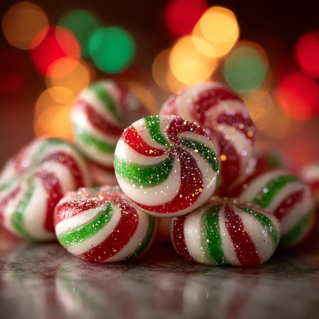 A detailed close-up of a finished no-bake peppermint ball, showing the smooth chocolate coating and festive candy cane topping.