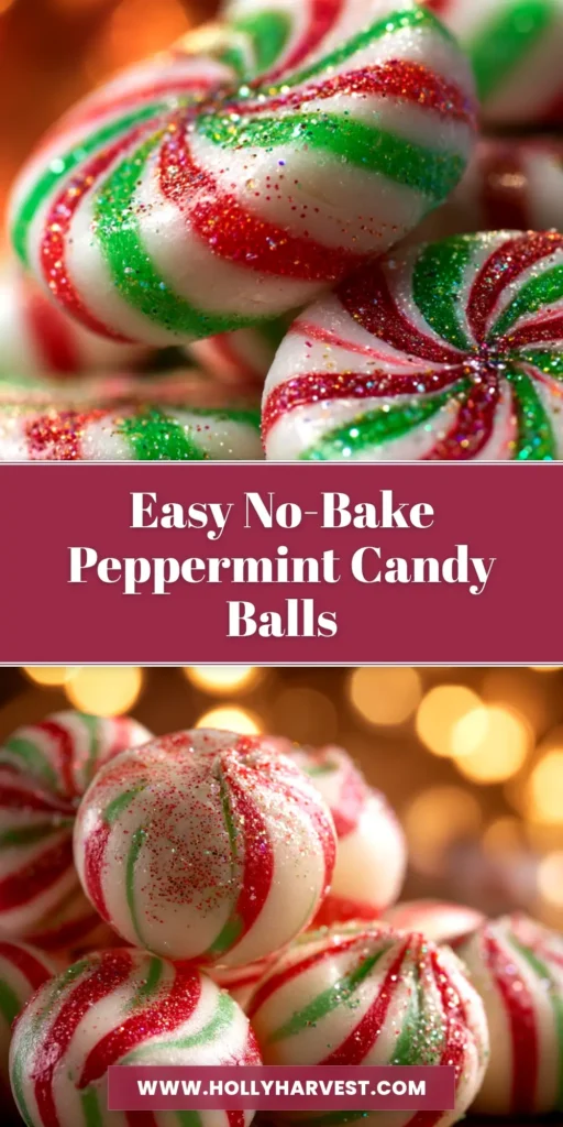 A close-up shot of festive No-Bake Peppermint Balls coated in chocolate and sprinkled with crushed candy canes, arranged on a holiday platter.