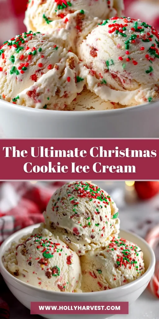 A scoop of creamy no-churn Christmas cookie ice cream in a bowl, showing pieces of sugar cookies and festive red and green sprinkles. The perfect easy holiday dessert recipe.