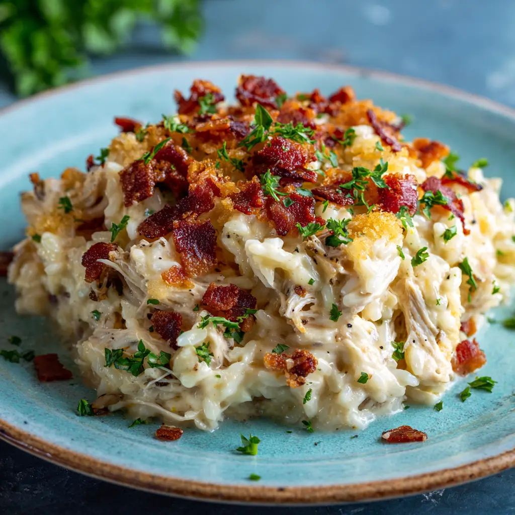 A serving of the dump-and-bake chicken casserole on a white plate, garnished with fresh parsley, highlighting a single serving.