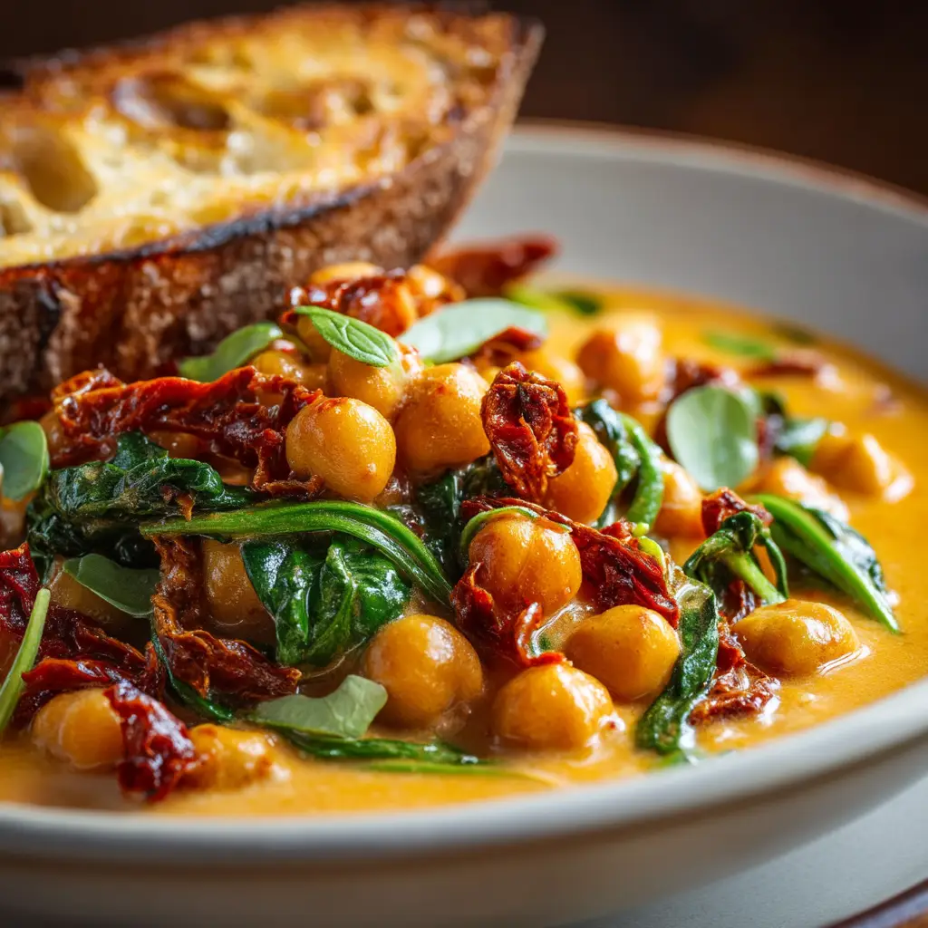 Marry Me Chickpeas: The Creamiest 30-Minute Meal 1 A spoonful of Marry Me Chickpeas being lifted from the bowl, showing the luscious sauce and tender chickpeas. Highlights the comforting nature of this one-pan chickpea recipe.