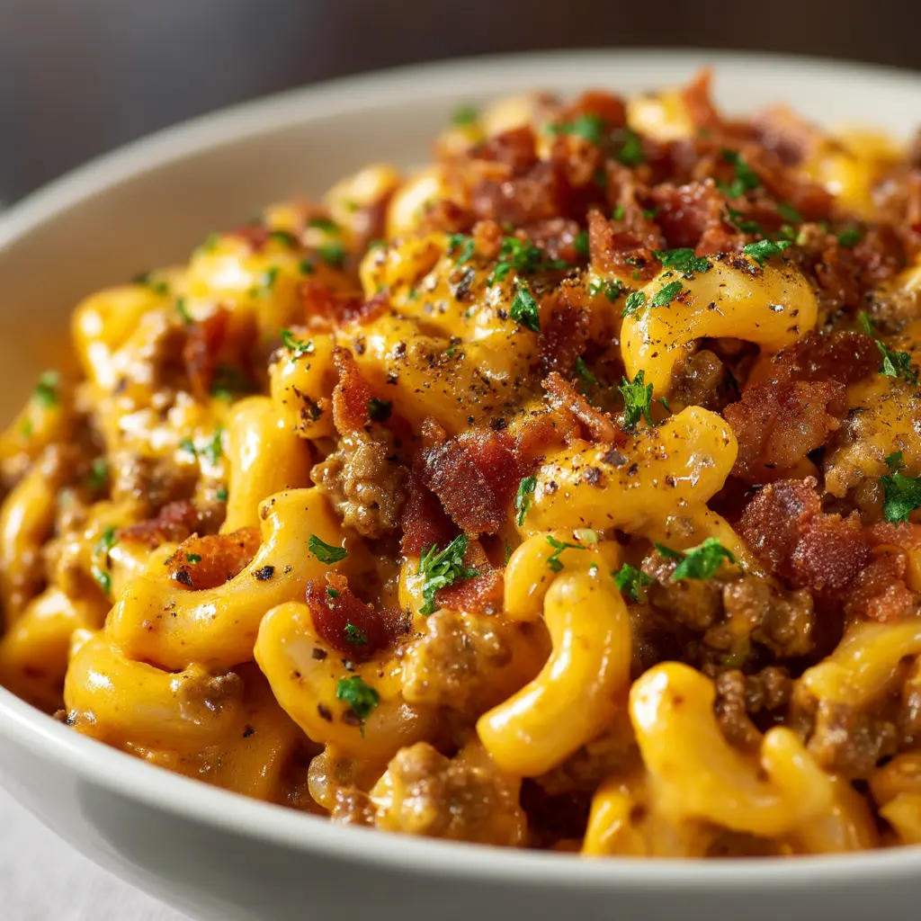 A spoonful of one-pot cheeseburger pasta being lifted from a bowl, showcasing the tender pasta and melted cheese.