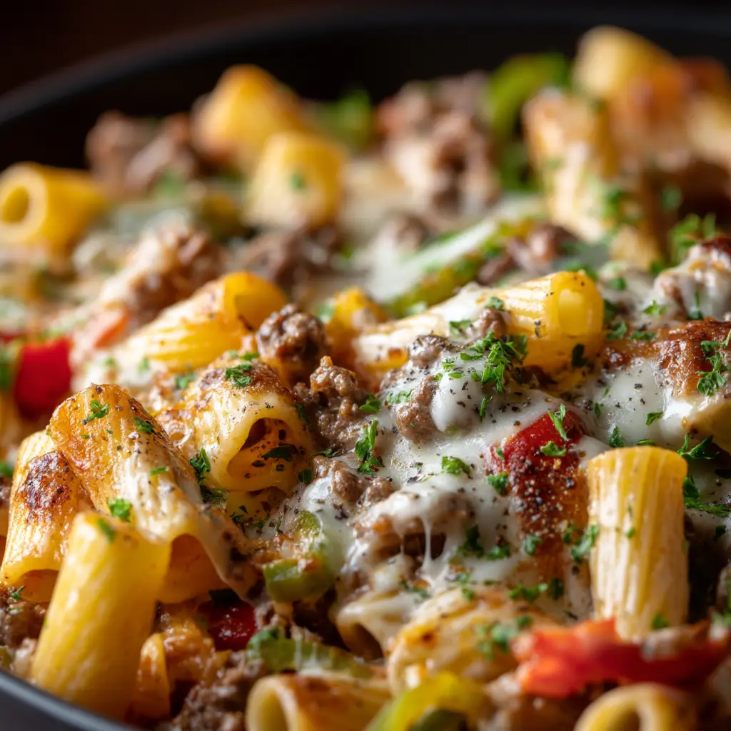 A spoonful of one-pot steak and cheese pasta being lifted from a bowl, highlighting the creamy sauce coating the noodles and steak.