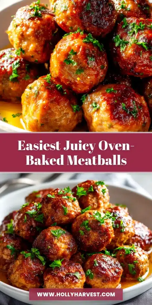 A vertical pin image showing juicy, golden-brown meatballs from an easy oven baked meatballs recipe, arranged in a skillet and garnished with fresh parsley.