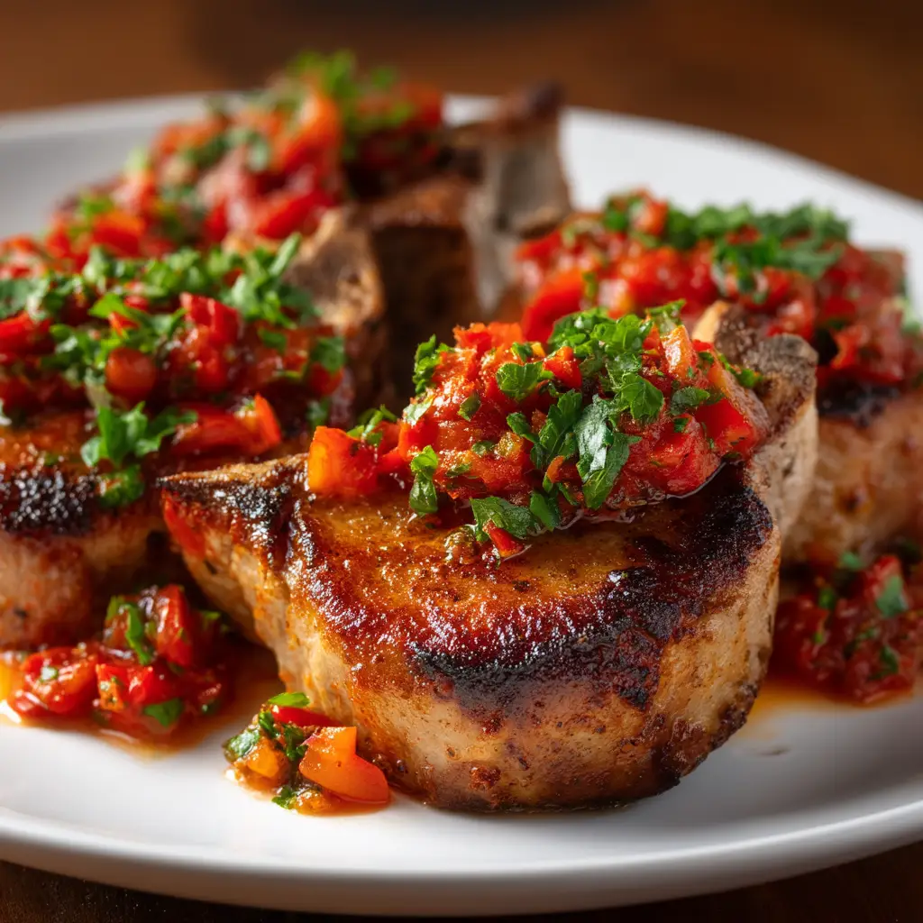 A skillet full of Sicilian pork chops simmering in a chunky tomato and olive sauce, ready to be served.