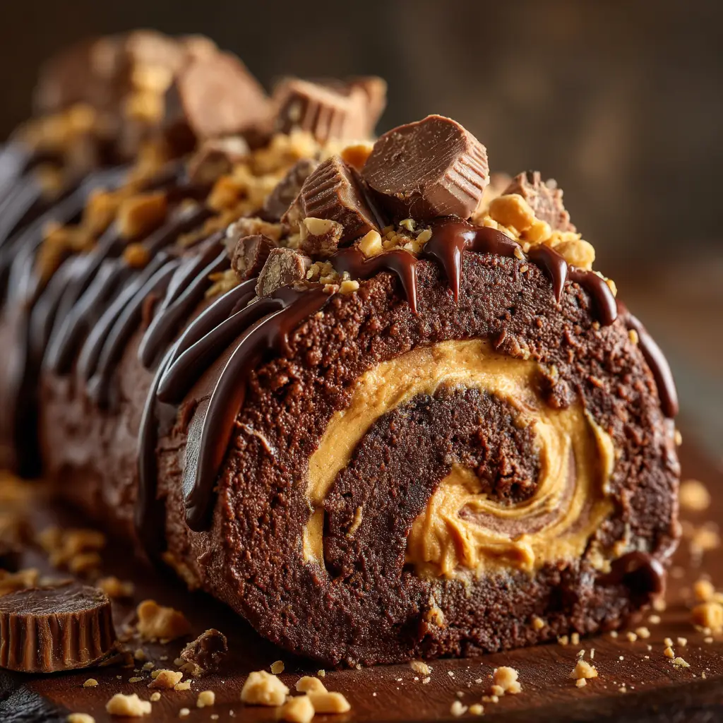 Peanut Butter Cup Chocolate Roll: The Ultimate Recipe 1 The chocolate sponge cake for the roll, unrolled and covered in a thick layer of creamy peanut butter filling before being rolled up.