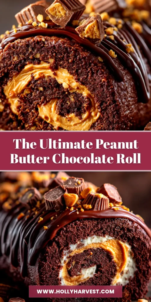 Peanut Butter Cup Chocolate Roll: The Ultimate Recipe 3 A slice of Peanut Butter Cup Chocolate Roll on a plate, showing the perfect swirl of chocolate cake and peanut butter filling, topped with ganache.