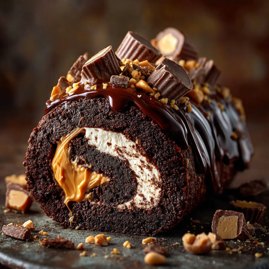 A whole Peanut Butter Cup Chocolate Roll on a serving platter, covered in rich chocolate ganache and topped with chopped peanut butter cups.
