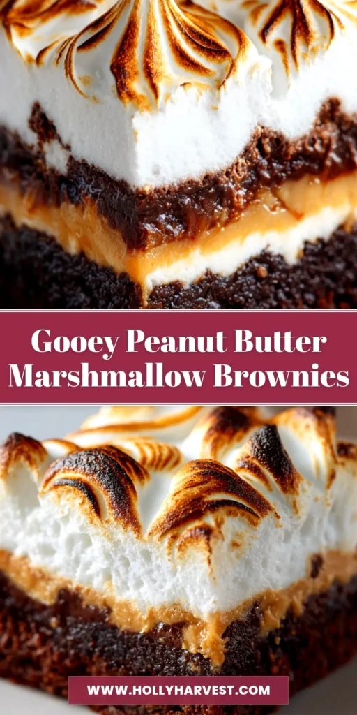 A pan of delicious Peanut Butter Marshmallow Brownies, showing the distinct layers of fudgy brownie, creamy peanut butter, and perfectly toasted marshmallow topping.