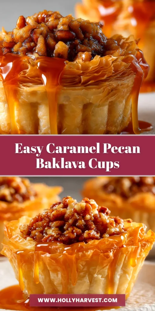Pecan Caramel Baklava Cups (The Perfect Bite-Sized Treat) 4 A platter of delicious Pecan Caramel Baklava Cups, showing the flaky phyllo layers, nutty filling, and a glossy caramel honey glaze.